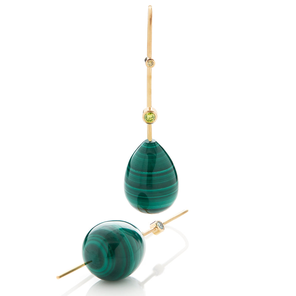 Unika Malakit øreringe med grønne brillanter - Gult guld